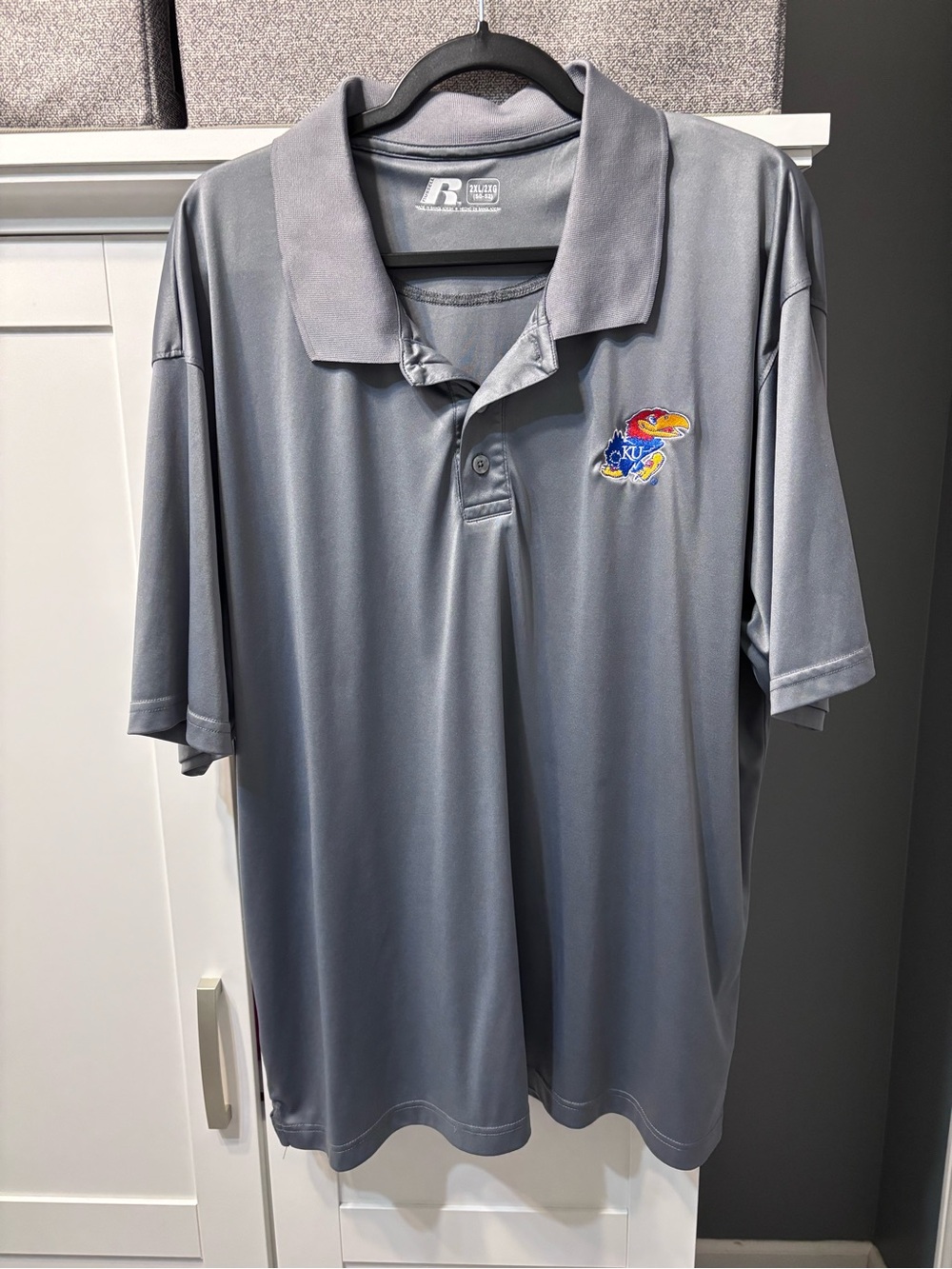 Russell Menβs Athletic Gray KU Jayhawks Polo Shirt 2XL EUC
